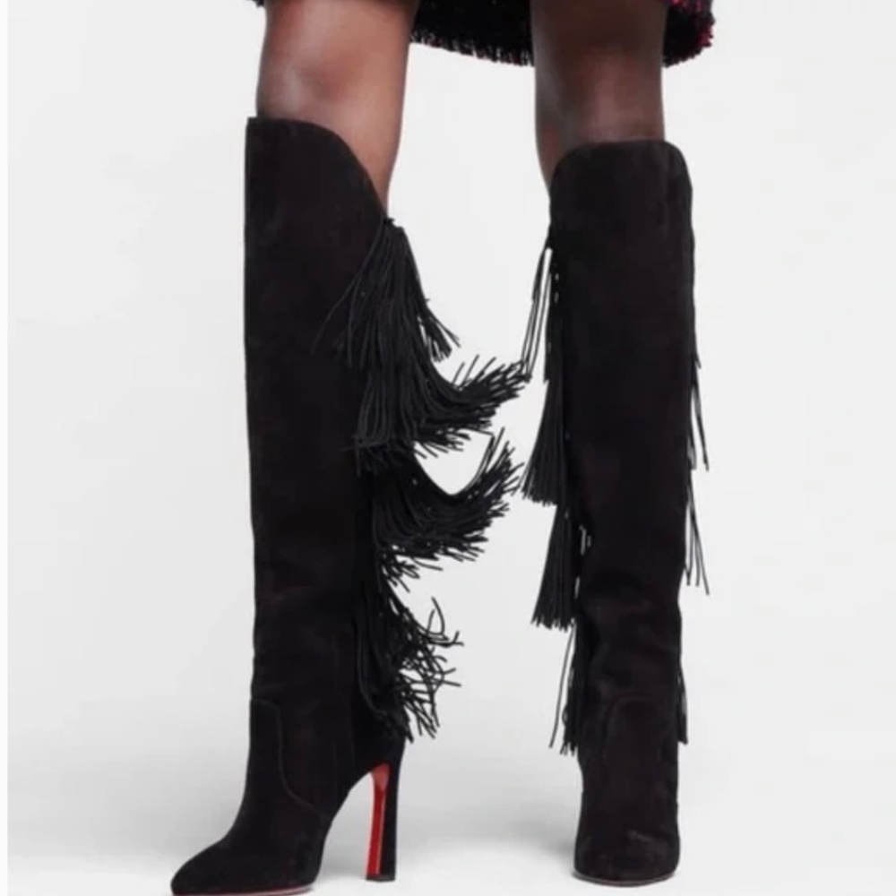 Christian Louboutin Black Lionne 100 Suede Fringe Over Knee High Heel Boots (36)